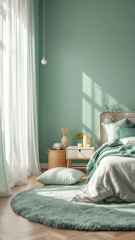 A sage green bedroom featuring a round rug, soft bedding, and natural light.