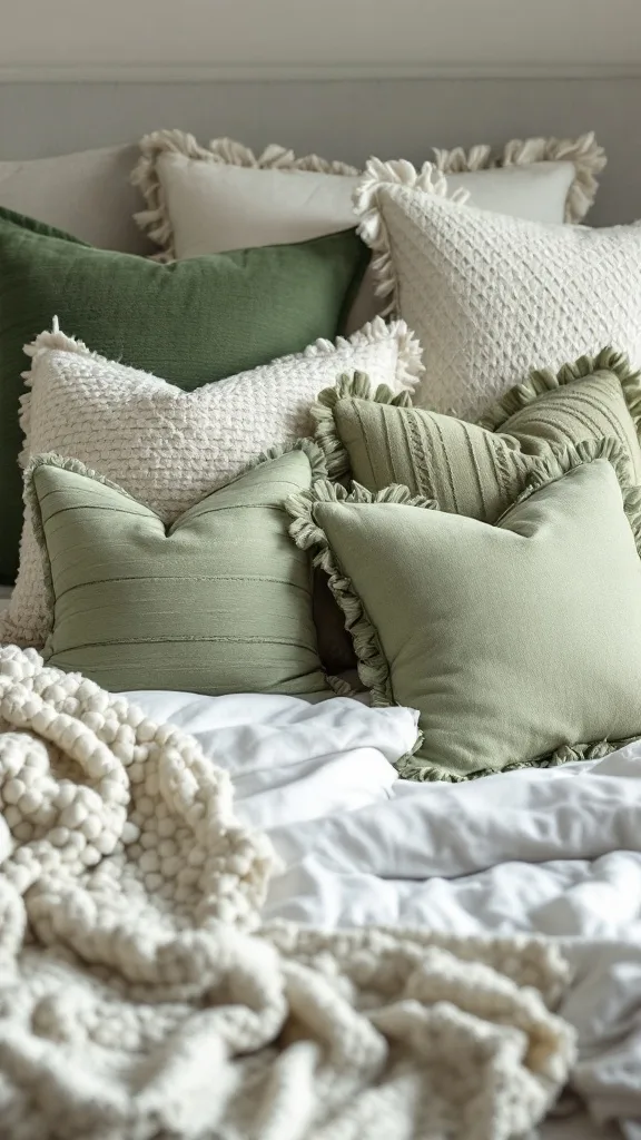 A cozy arrangement of decorative pillows and a fluffy throw on a bed, showcasing various shades of green and cream.