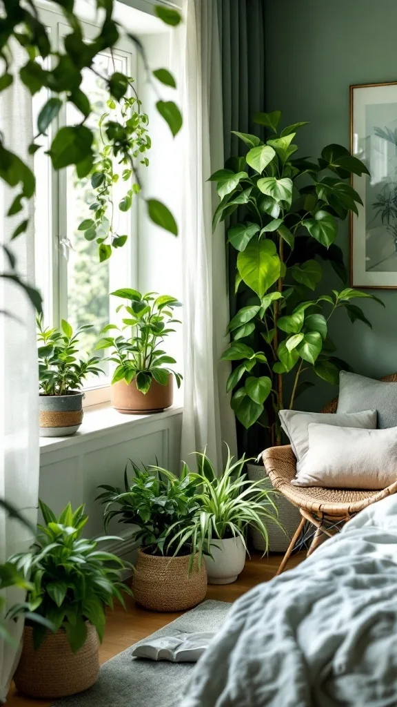 A cozy sage green bedroom with various green plants decorating the space