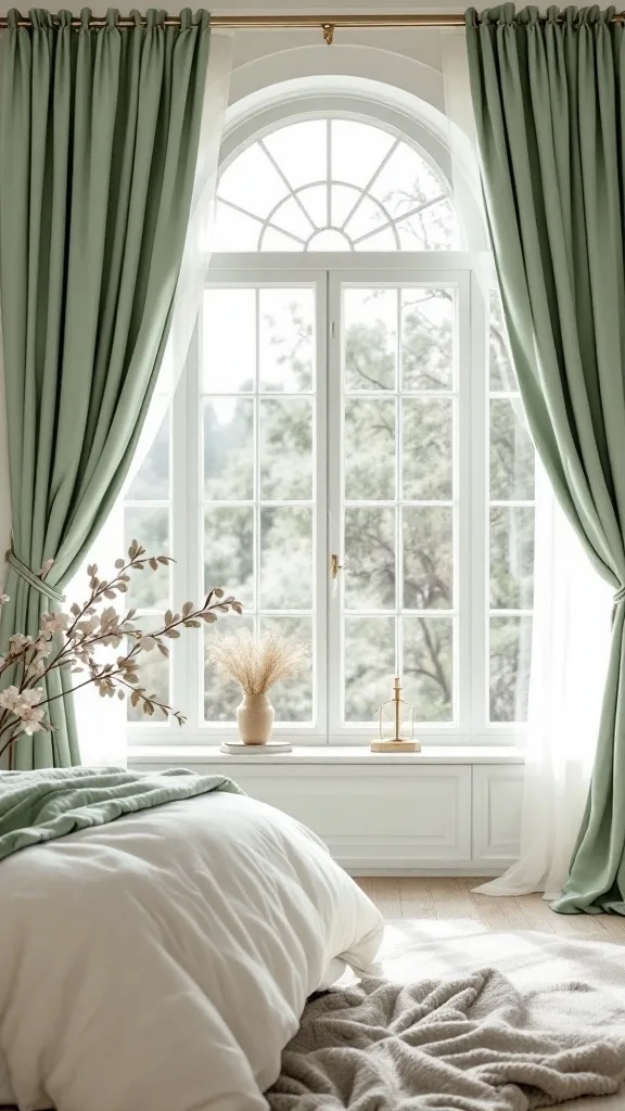 A cozy bedroom featuring sage green curtains, with a window allowing natural light to fill the room.