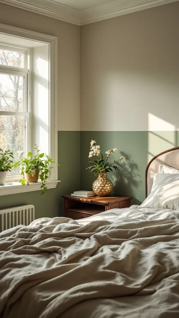 A cozy bedroom with two-tone walls in sage green and beige, featuring a window, plants, and decorative items.