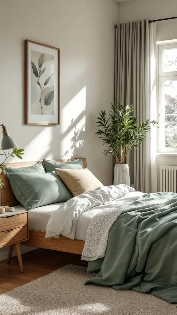 A cozy bedroom featuring sage green bedding, wooden furniture, and plants, creating a tranquil atmosphere.