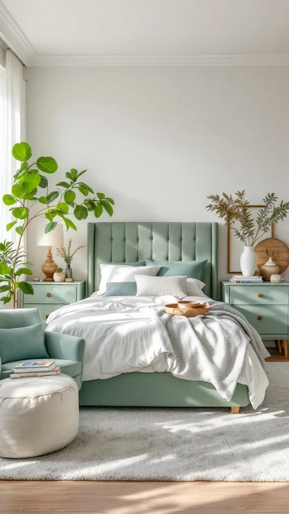 A serene sage green bedroom featuring a tufted bed, matching nightstands, and cozy decor.