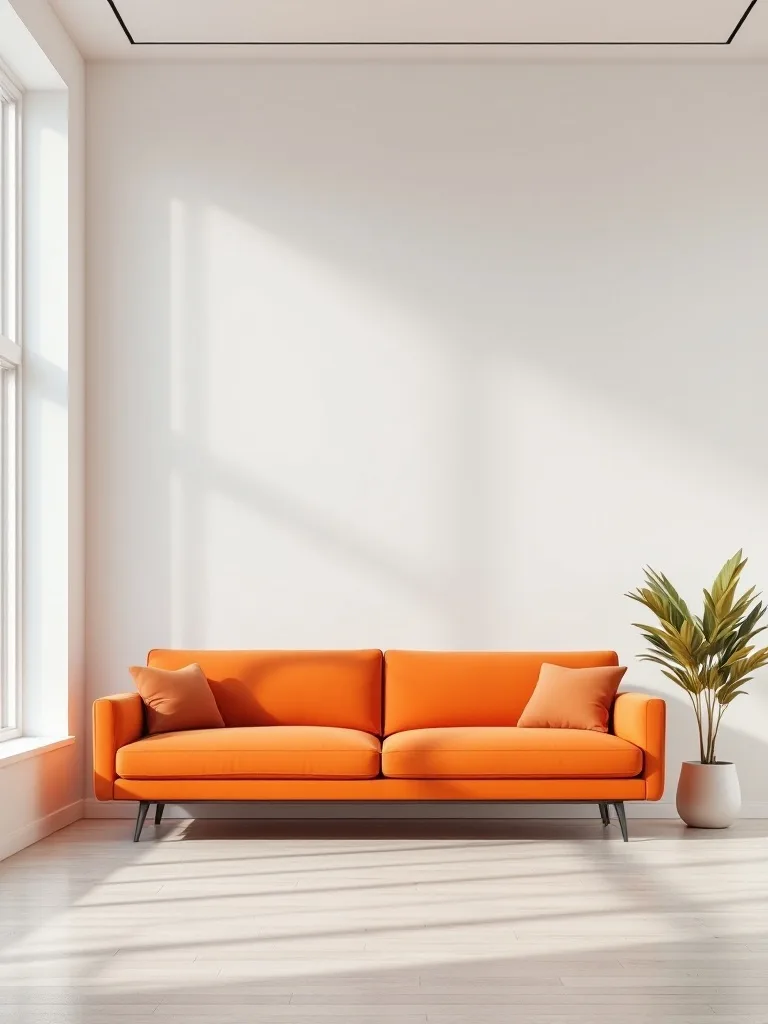 A modern living room featuring a bright orange couch against a white wall with a plant.