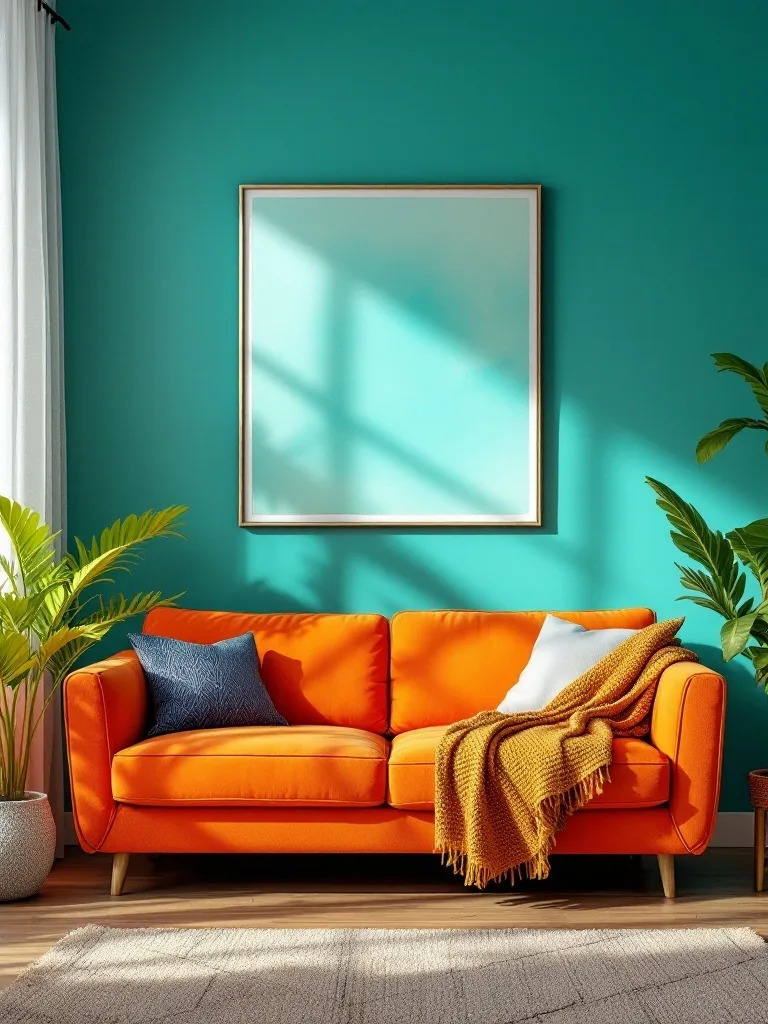 A bright orange couch in a living room with turquoise walls and plants.