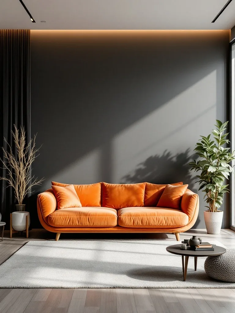 A bright orange couch in a modern living room with dark walls and plants.