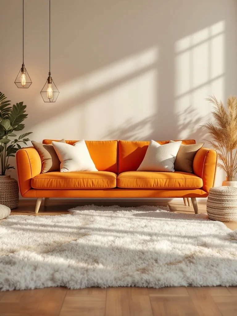 A warm living room with an orange couch, neutral pillows, pendant lighting, and plants.