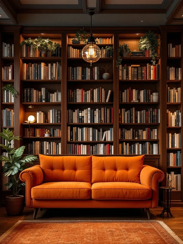 A cozy reading nook featuring an orange couch, a bookshelf filled with books, and warm lighting.
