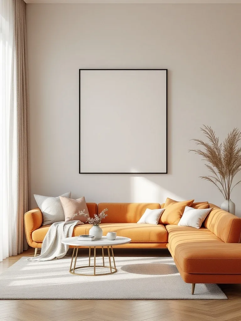 A bright living room featuring an orange couch, large windows with ocean views, and coastal decor.