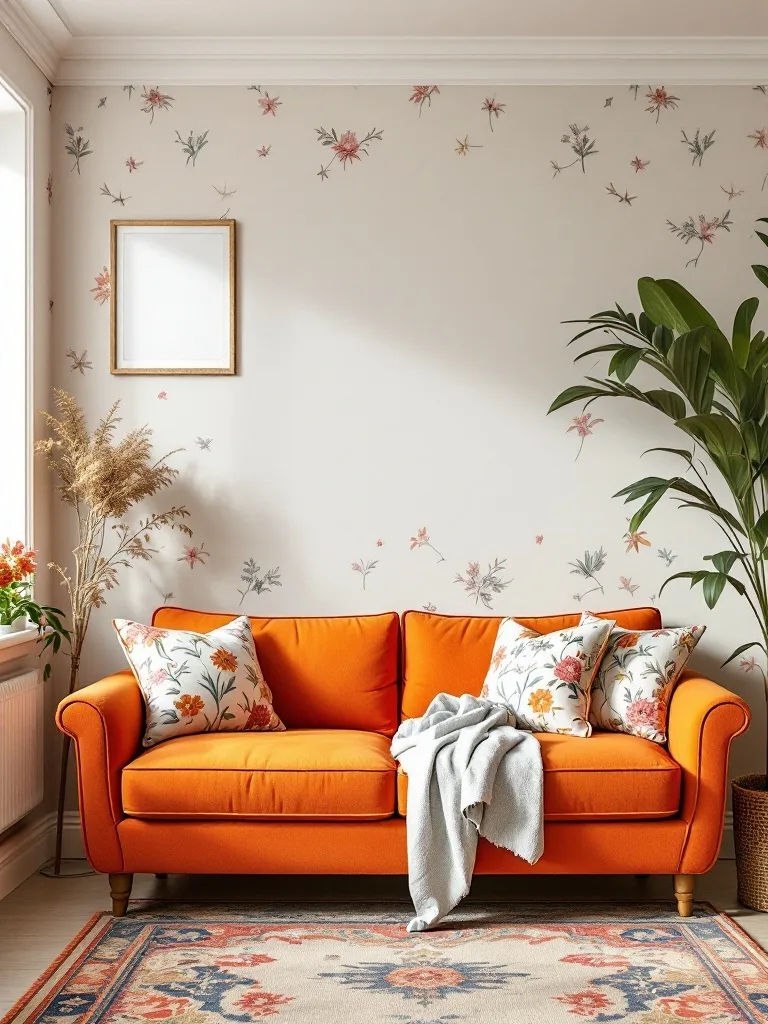 A living room featuring an orange couch with floral-patterned pillows, floral wallpaper, and a green plant.