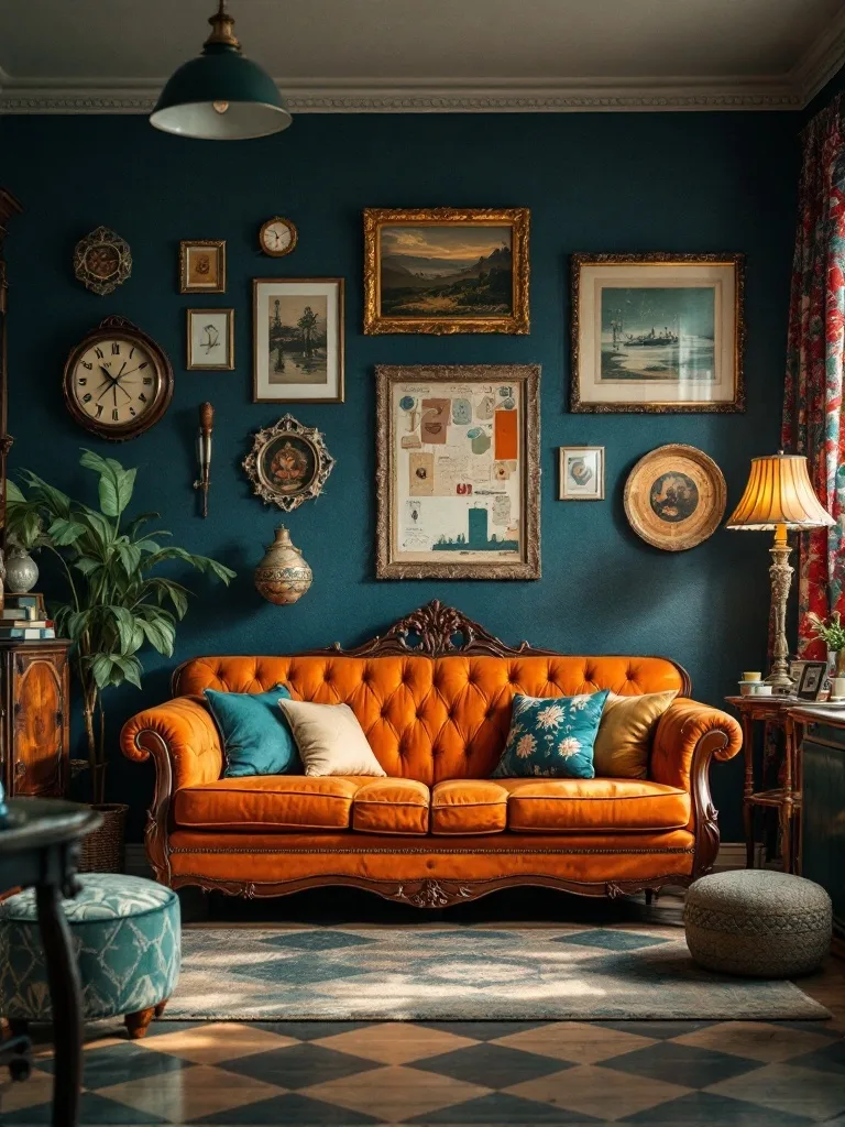 A vintage living room featuring an orange couch, deep blue walls, and decorative wall art.