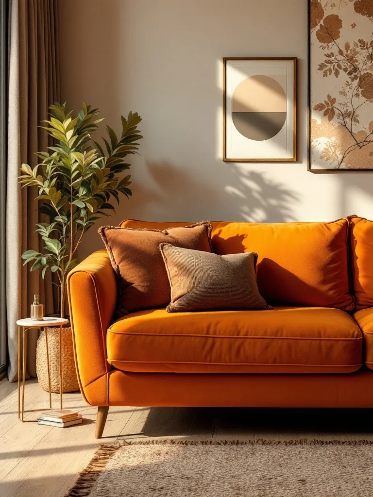 A cozy living room featuring an orange couch adorned with brown cushions, a small table, and a stylish piece of art on the wall.