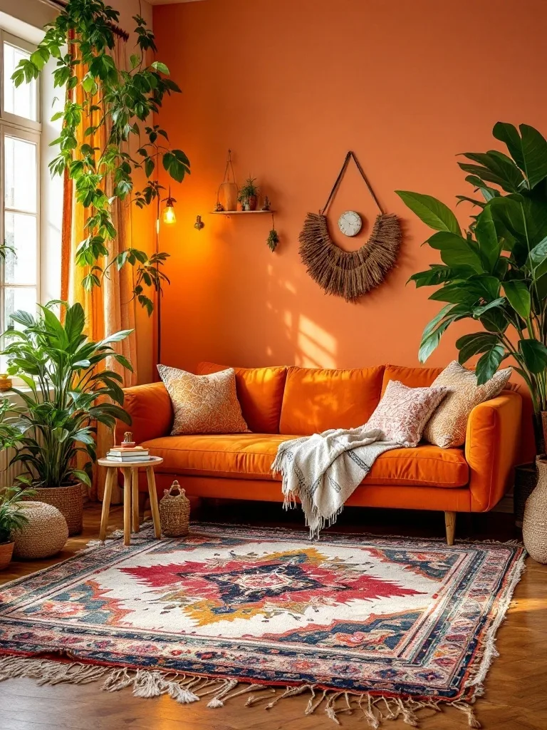 A cozy living room with an orange couch, plants, and a colorful rug.