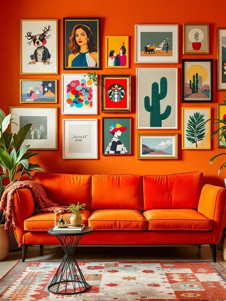 A vibrant orange couch in a living room with a colorful eclectic gallery wall above it.
