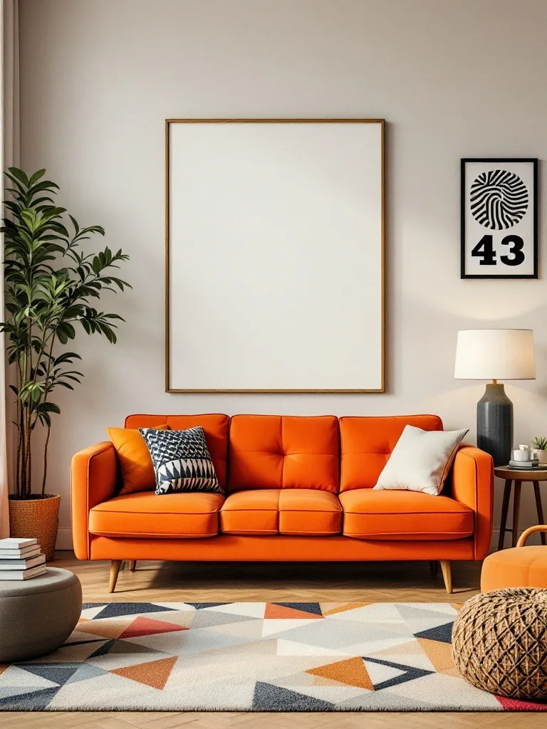 A cozy living room featuring a bold orange couch with geometric patterned rug and modern decor.