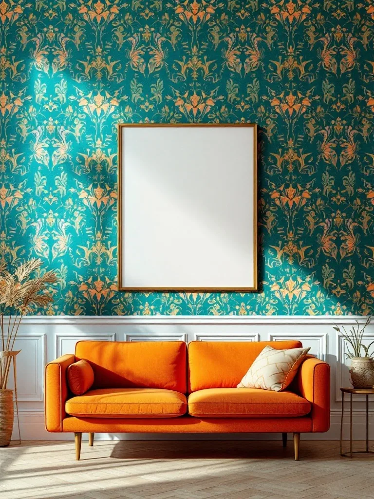 A bright orange couch in front of a bold teal and gold patterned wallpaper.