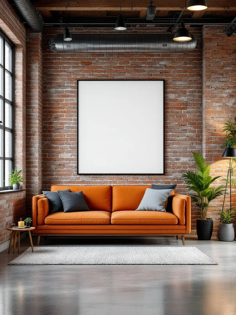 A stylish industrial living room featuring an orange couch, exposed brick walls, and modern lighting.