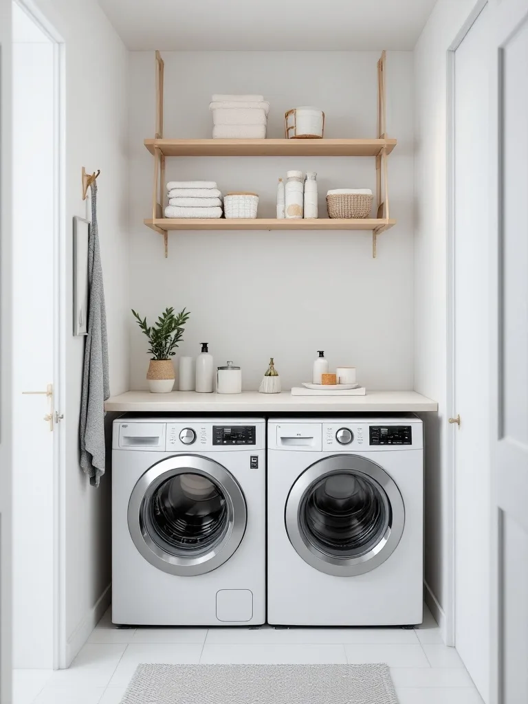 A narrow laundry room featuring a foldable countertop and organized shelves