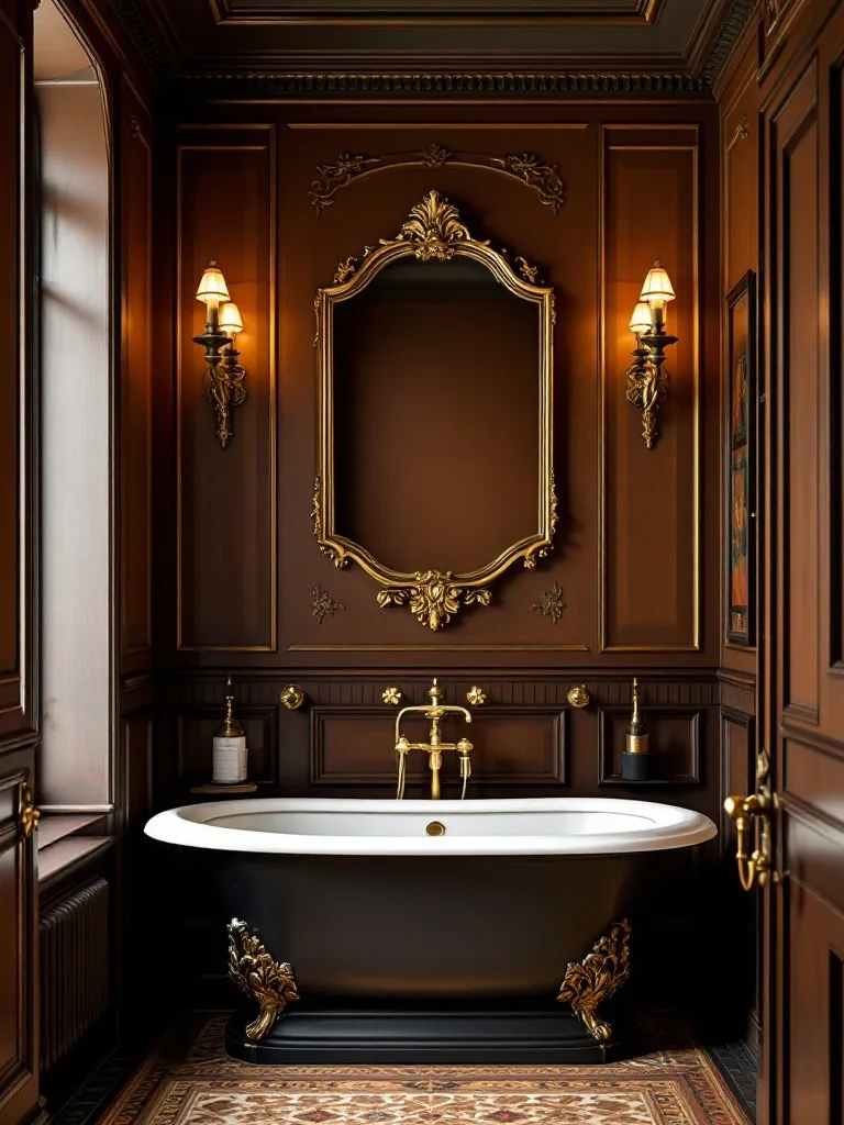 Victorian bathroom with dark wood paneling, ornate tub, and elegant wall sconces