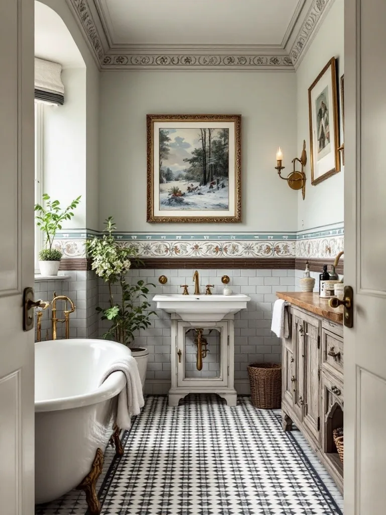 Victorian-style bathroom featuring a picture rail with artwork, elegant fixtures, and decorative plants.