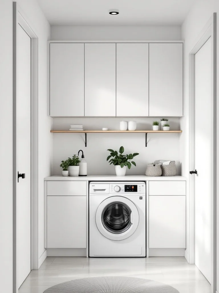 A narrow laundry room with white cabinets, a washing machine, and minimal decor including plants.