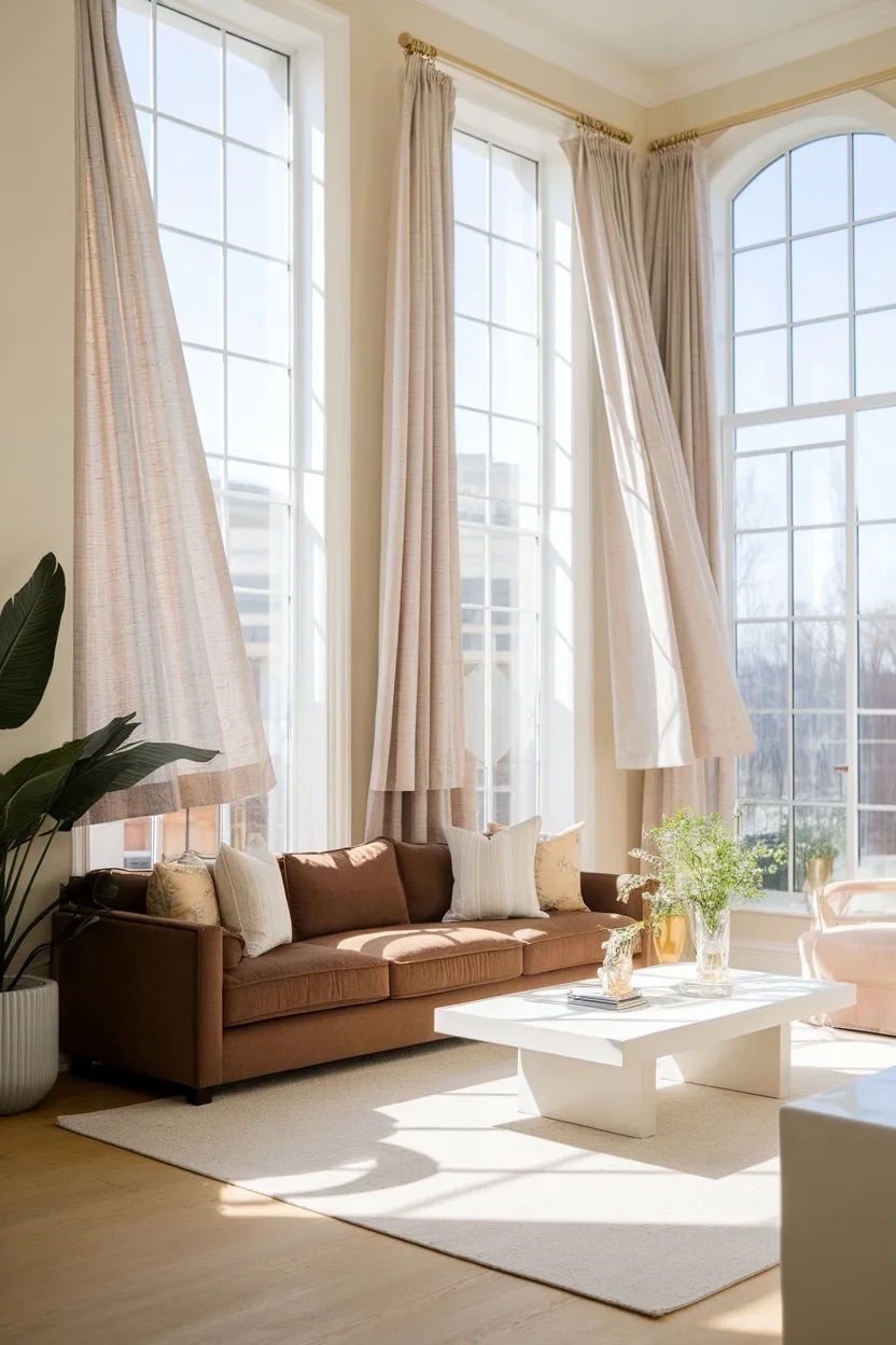 Bright living room with large windows, light curtains, and a brown sofa