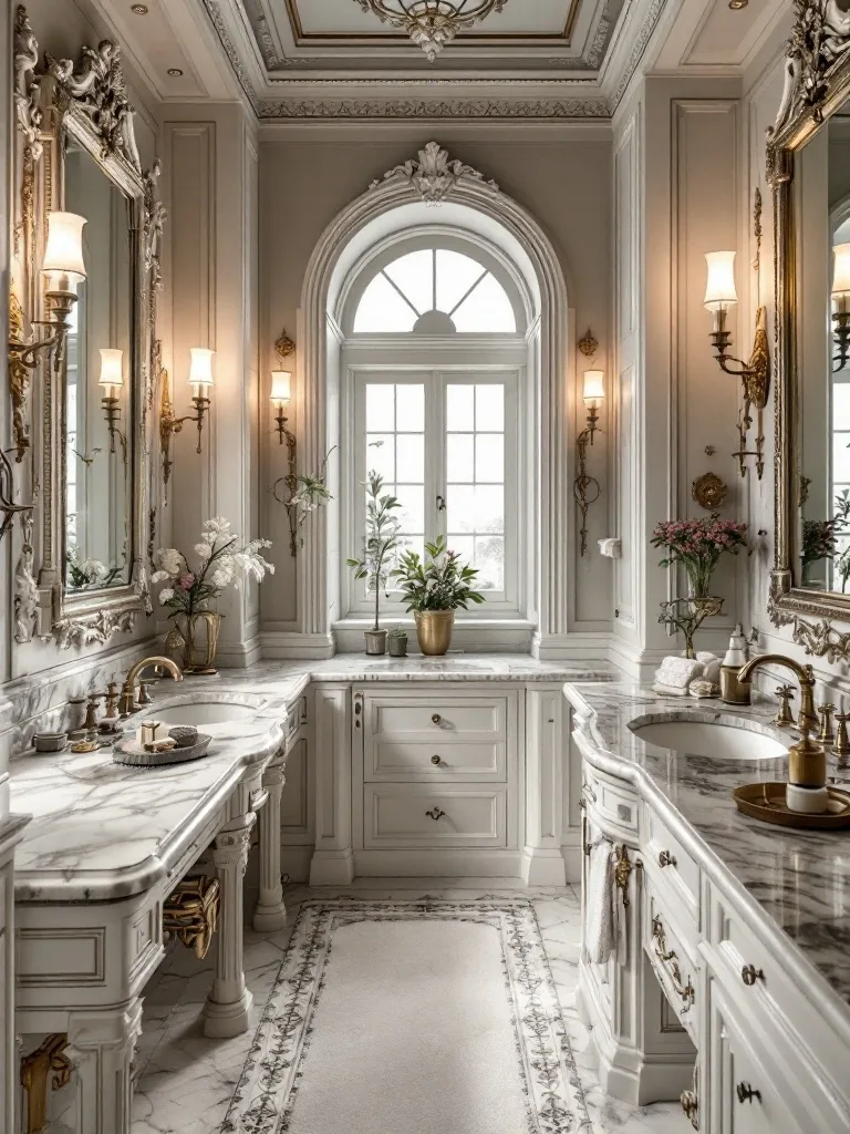 A luxurious Victorian bathroom featuring marble countertops, a freestanding bathtub, and elegant decor.