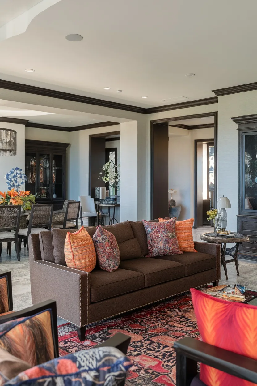 Cozy living room featuring a brown sofa with colorful cushions, patterned rug, and stylish decor.