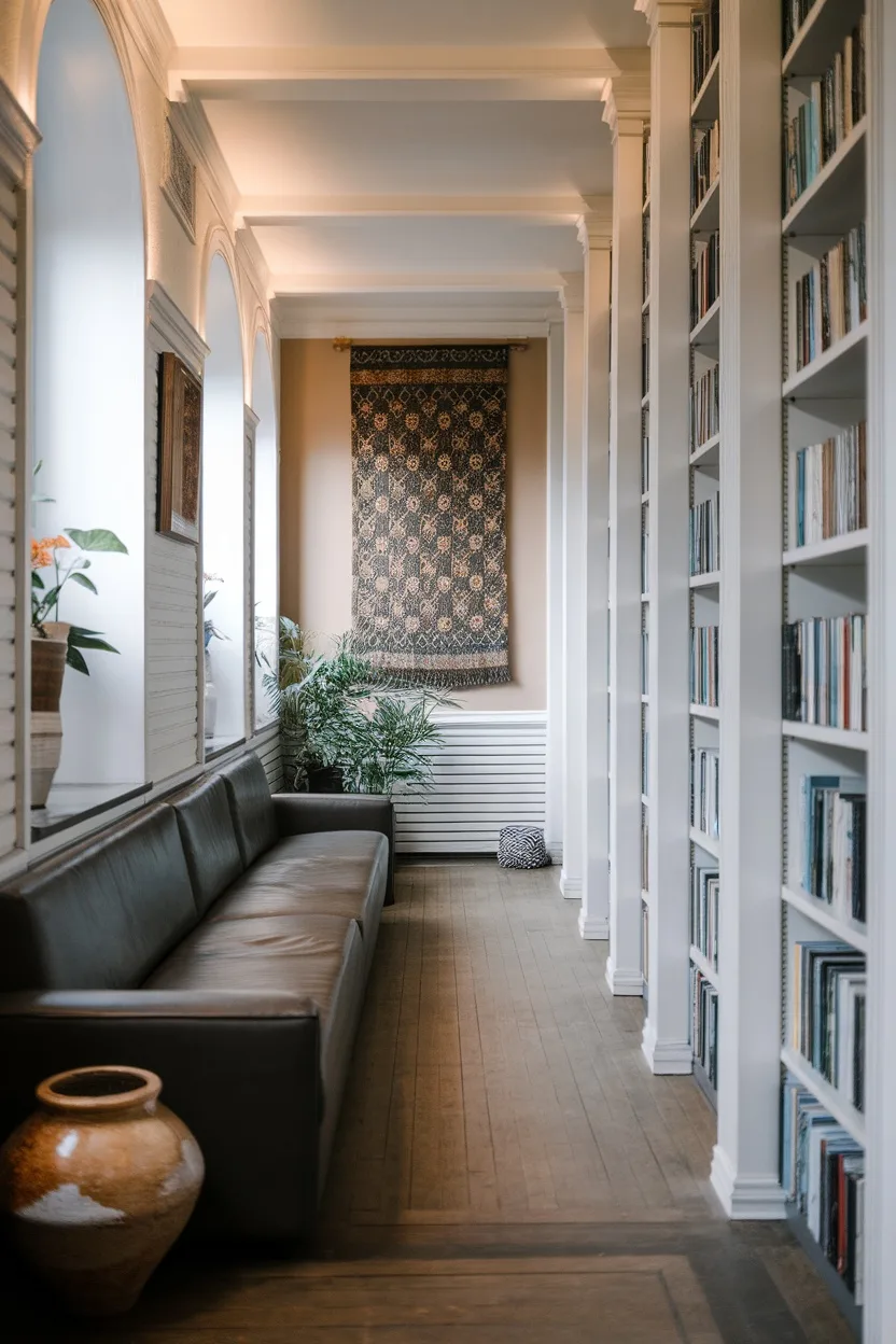 Interior view of a long narrow living room with leather sofa, bookshelves, and wall art.
