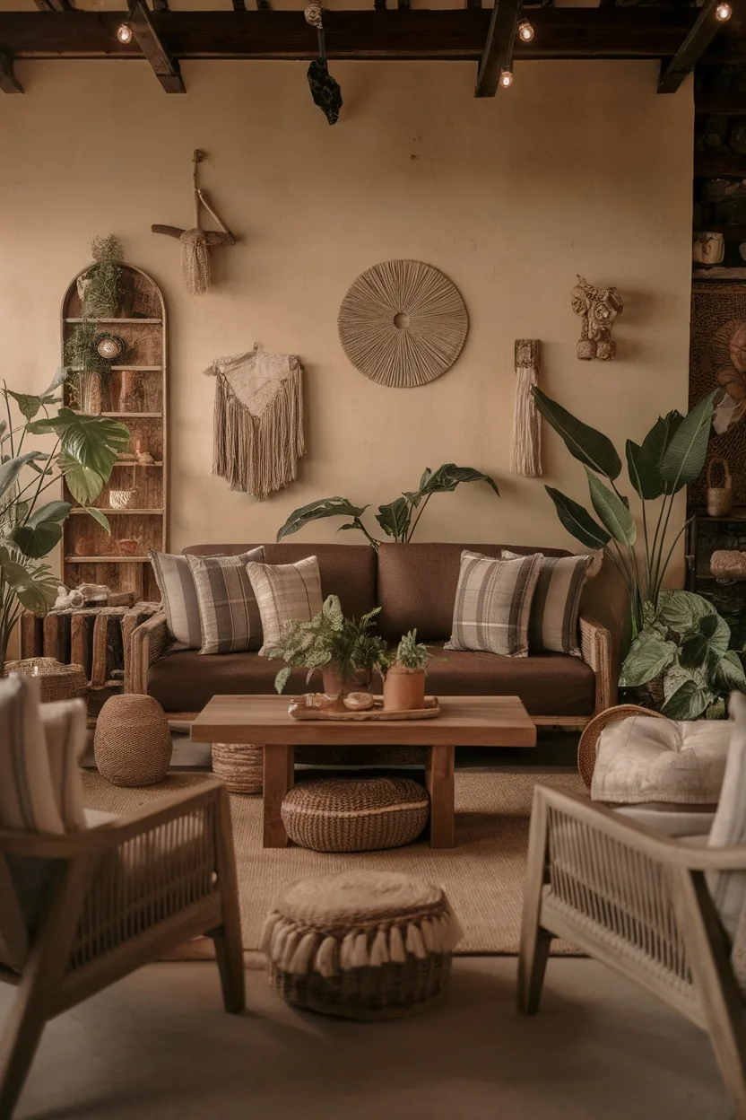 Cozy living room featuring a brown sofa surrounded by natural elements like plants and wooden decor.