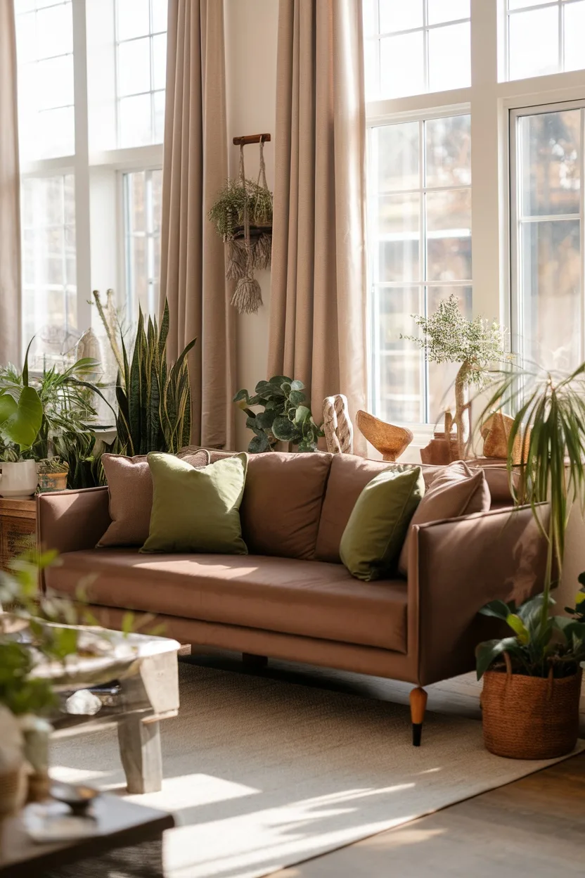 A brown sofa with green cushions in a bright living room filled with plants and natural light.