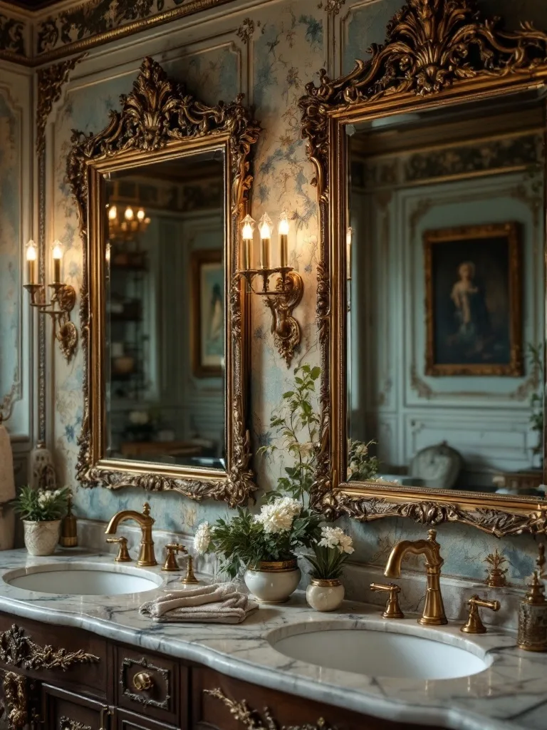 A Victorian bathroom featuring ornate gold-framed mirrors, a marble countertop, and elegant lighting.
