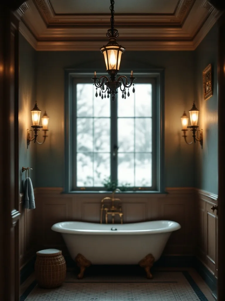 Victorian-style bathroom with elegant lighting fixtures and a classic bathtub