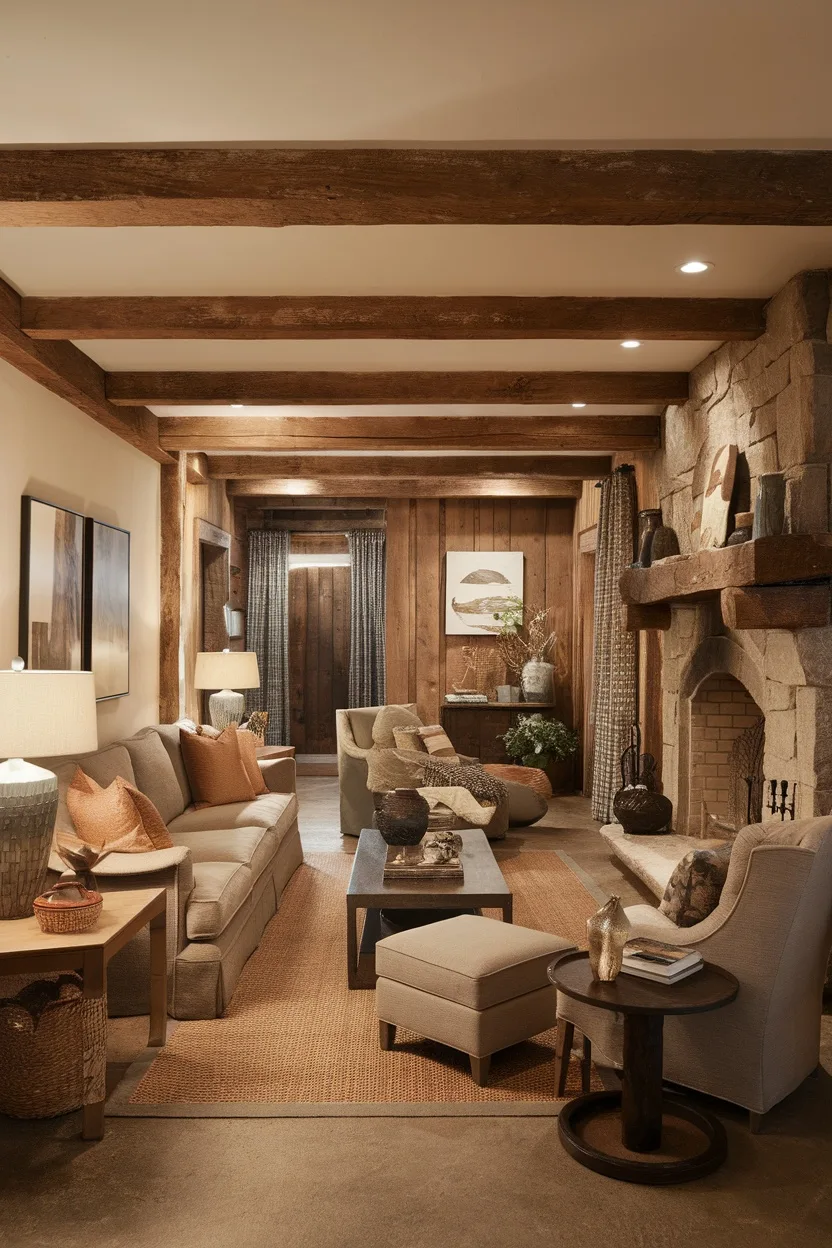 A rustic long narrow living room with wooden beams, stone fireplace, and cozy furniture.