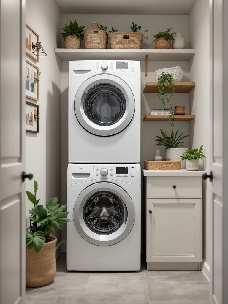 A narrow laundry room with stacked washer and dryer, shelves with plants and baskets