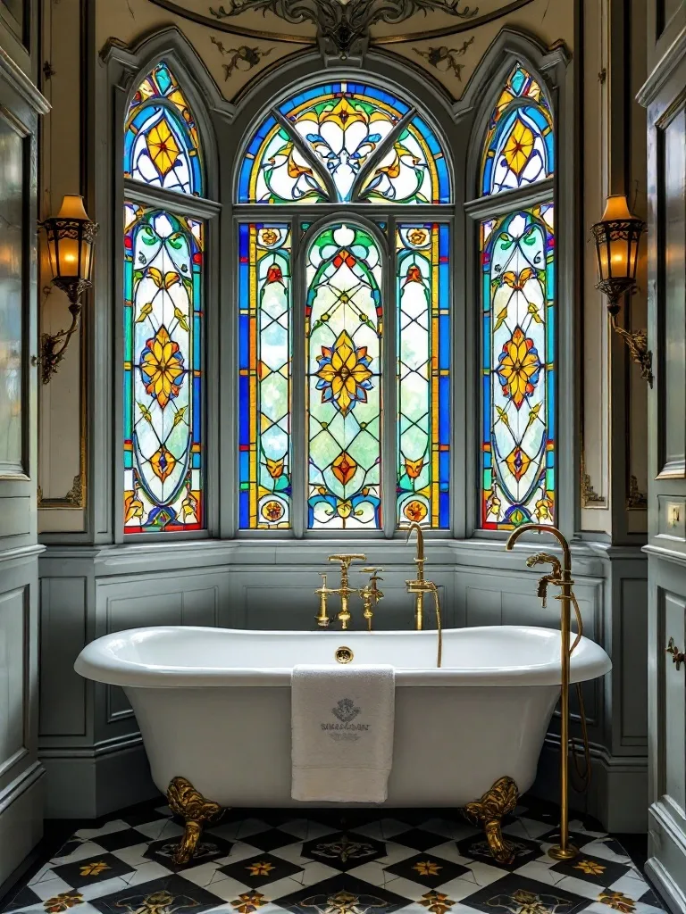 A Victorian bathroom featuring colorful stained glass windows and a clawfoot bathtub.