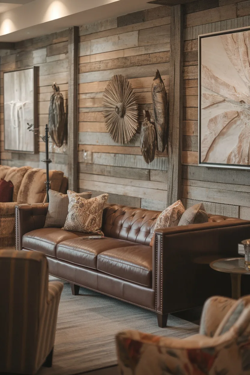 Living room featuring a brown sofa and a wood accent wall