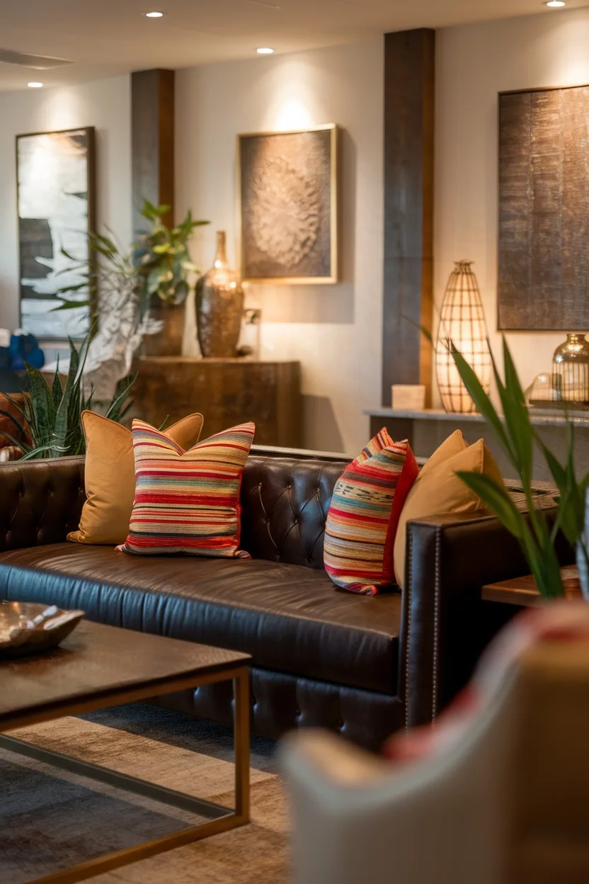 Living room with a dark brown leather couch and colorful pillows, featuring a modern decor style