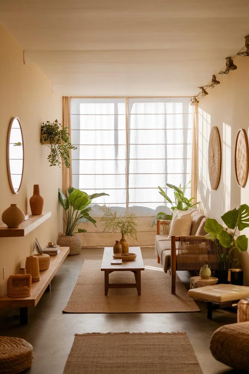 A long narrow living room with natural décor, featuring plants, wooden furniture, and warm earthy tones.