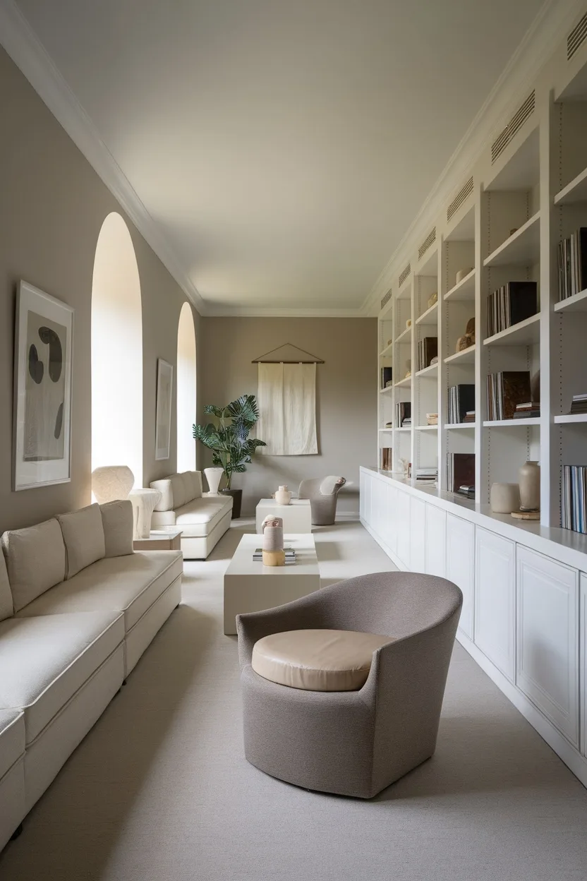 A long narrow living room featuring neutral colors, elegant furniture, and natural light.
