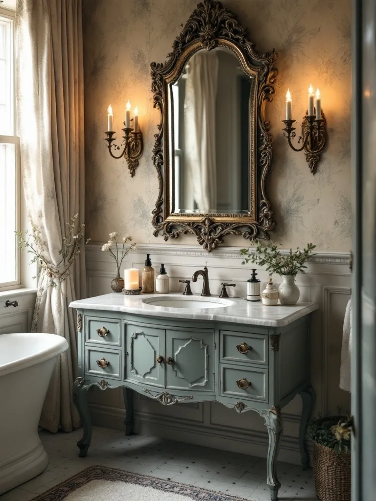 A vintage bathroom featuring a soft blue vanity with a marble countertop, ornate mirror, and elegant lighting.