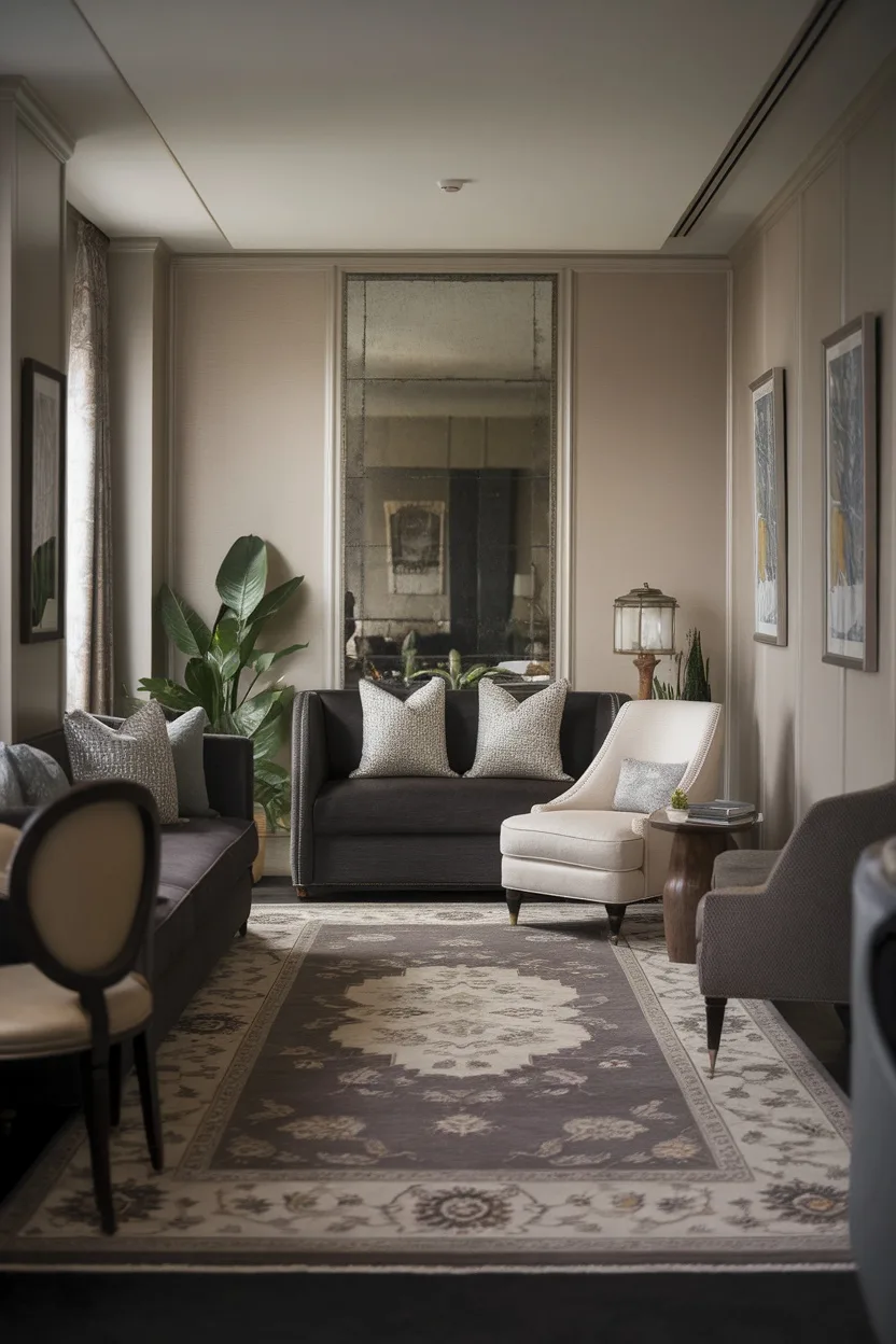Elegant long narrow living room featuring a decorative area rug that defines the seating area.