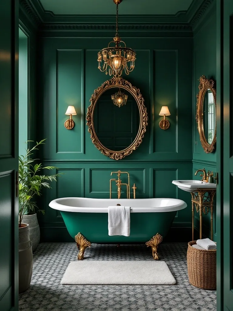 A luxurious Victorian bathroom featuring deep green walls, an ornate golden chandelier, and a vintage bathtub with golden feet.