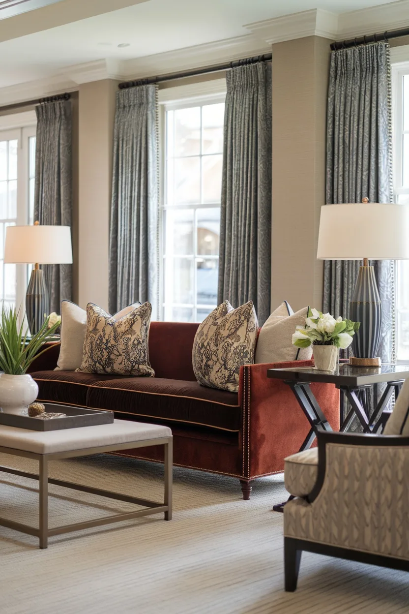 A living room featuring a brown sofa with light carpets, adding warmth and brightness to the space.