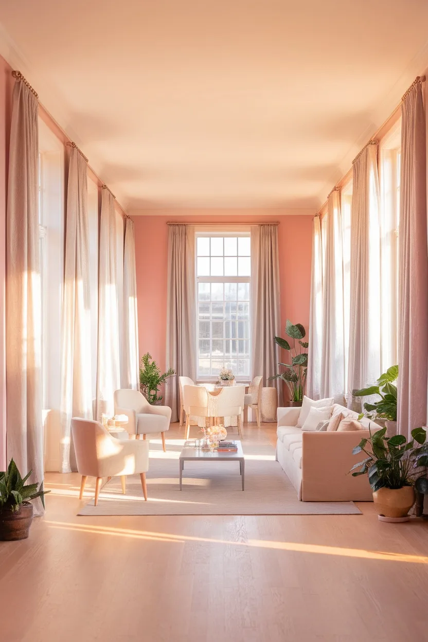 A bright and airy long narrow living room with light pink walls, large windows, and soft furniture