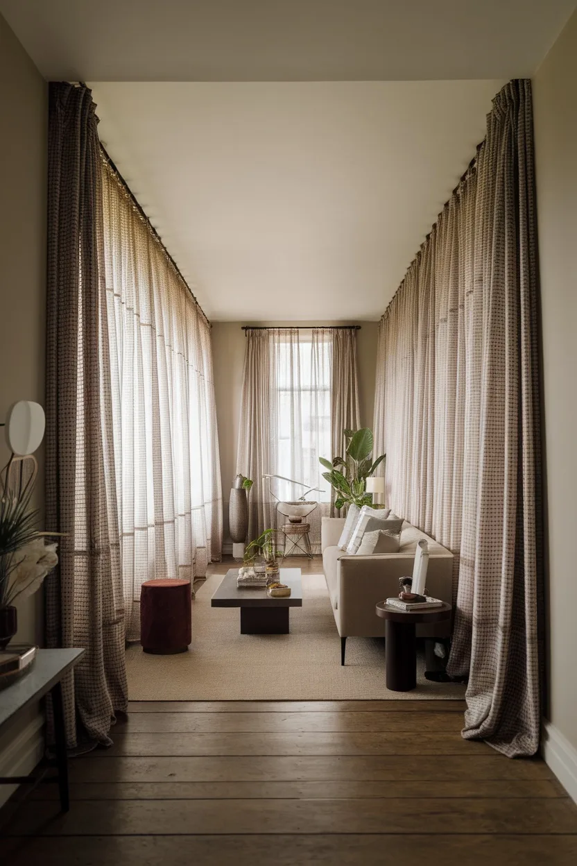 A narrow living room featuring long, soft curtains that enhance the decor and create an illusion of space.