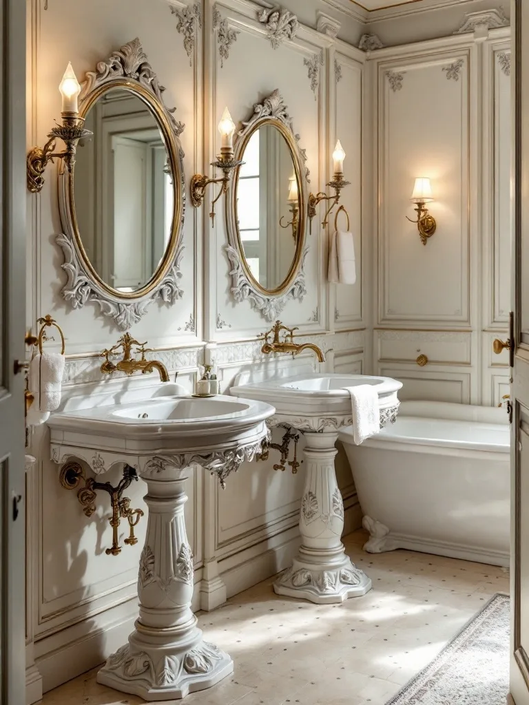 Victorian-style bathroom with two pedestal sinks, ornate mirrors, and elegant lighting.