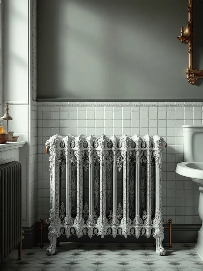 A vintage-style Victorian radiator in a bathroom setting, showcasing ornate design and classic charm