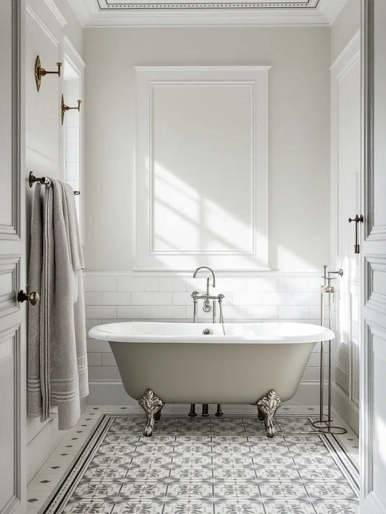 A Victorian-style bathroom featuring a freestanding bathtub and vintage towel rails.