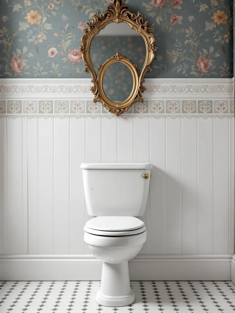 A stylish Victorian bathroom featuring a white wall-mounted toilet cistern and floral wallpaper.
